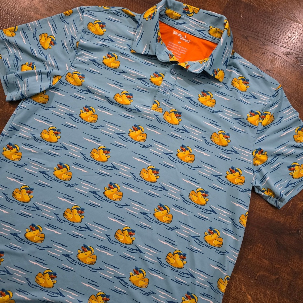 Birdie Bound Mens Rubber Ducky‎ Golf Polo Shirt Blue Short Sleeve Stretch Size M